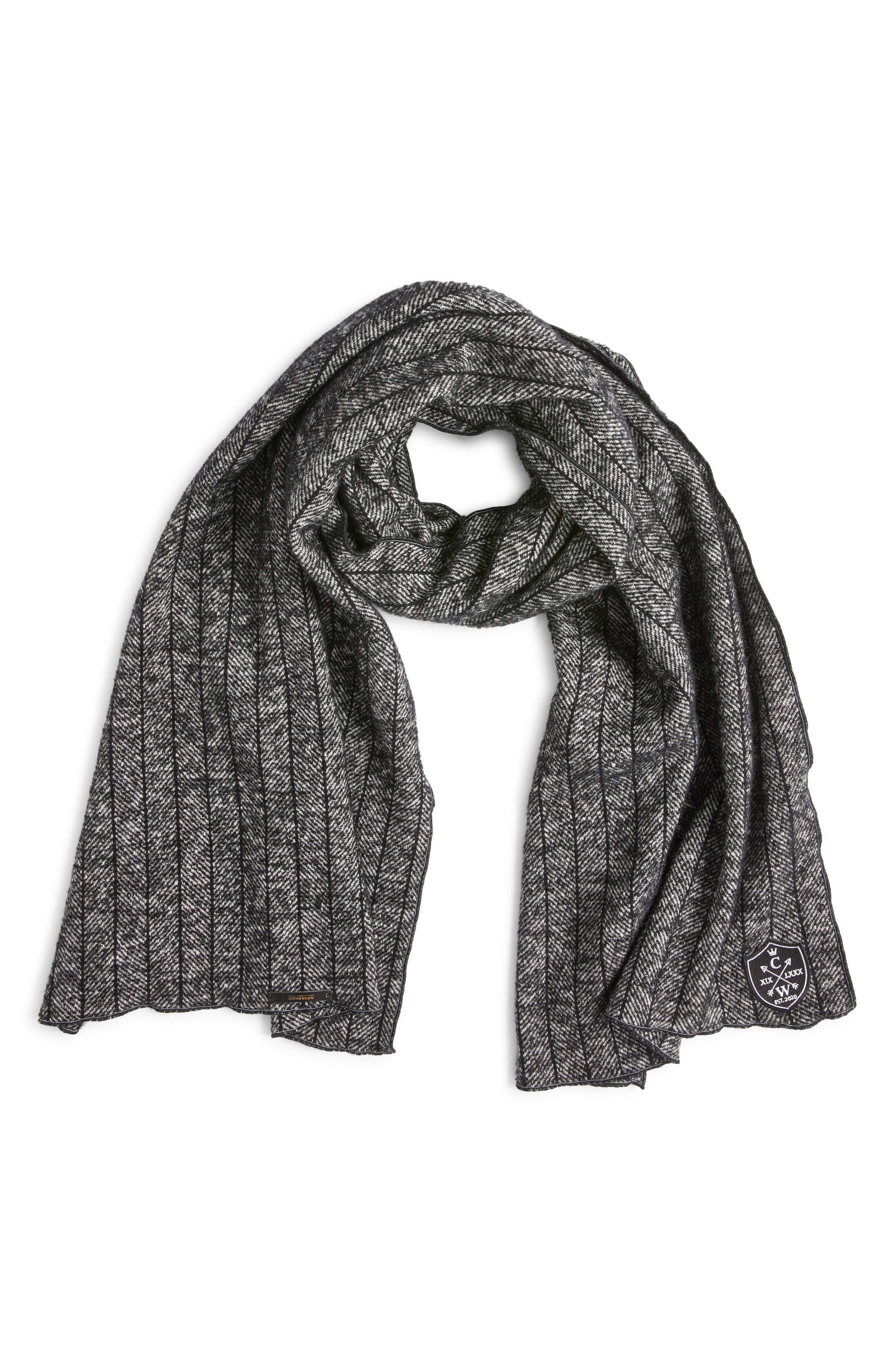 CLIFTON WILSON Pinstripe Herringbone Wool Scarf in Black 