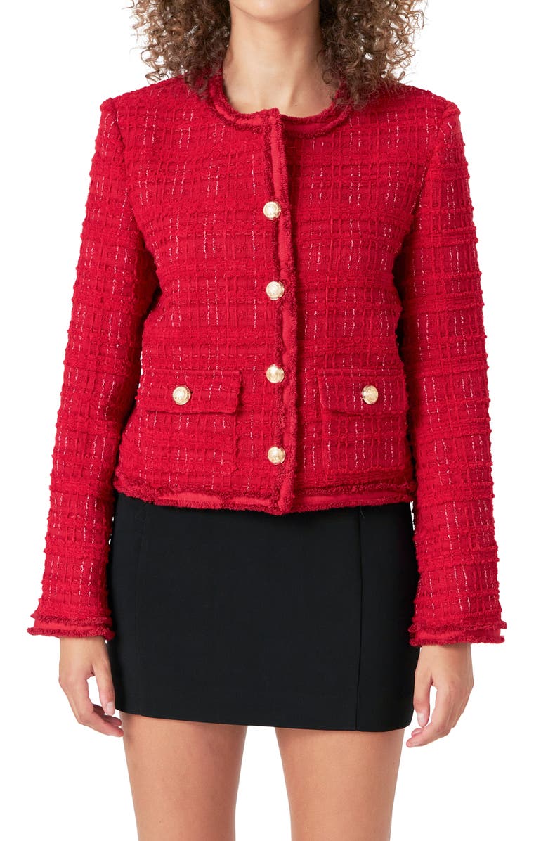 Endless Rose Fringe Trim Tweed Jacket, Alternate, color, 