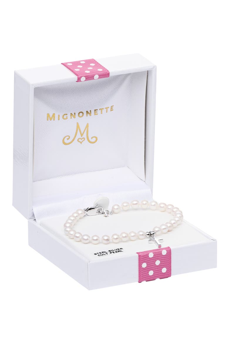 Kids' Cross Charm Cultured Pearl Bracelet, Alternate, color, PEARL
