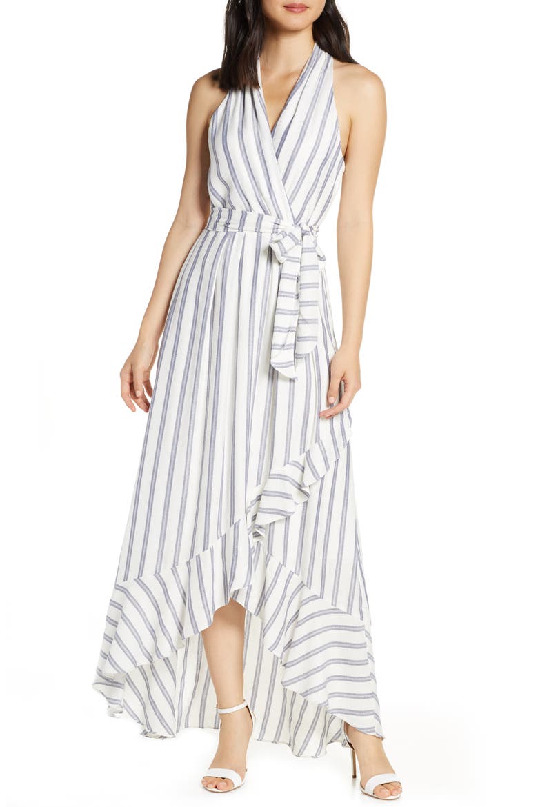 Metallic Stripe Halter Maxi Dress, Main, color, IVORY/ BLUE