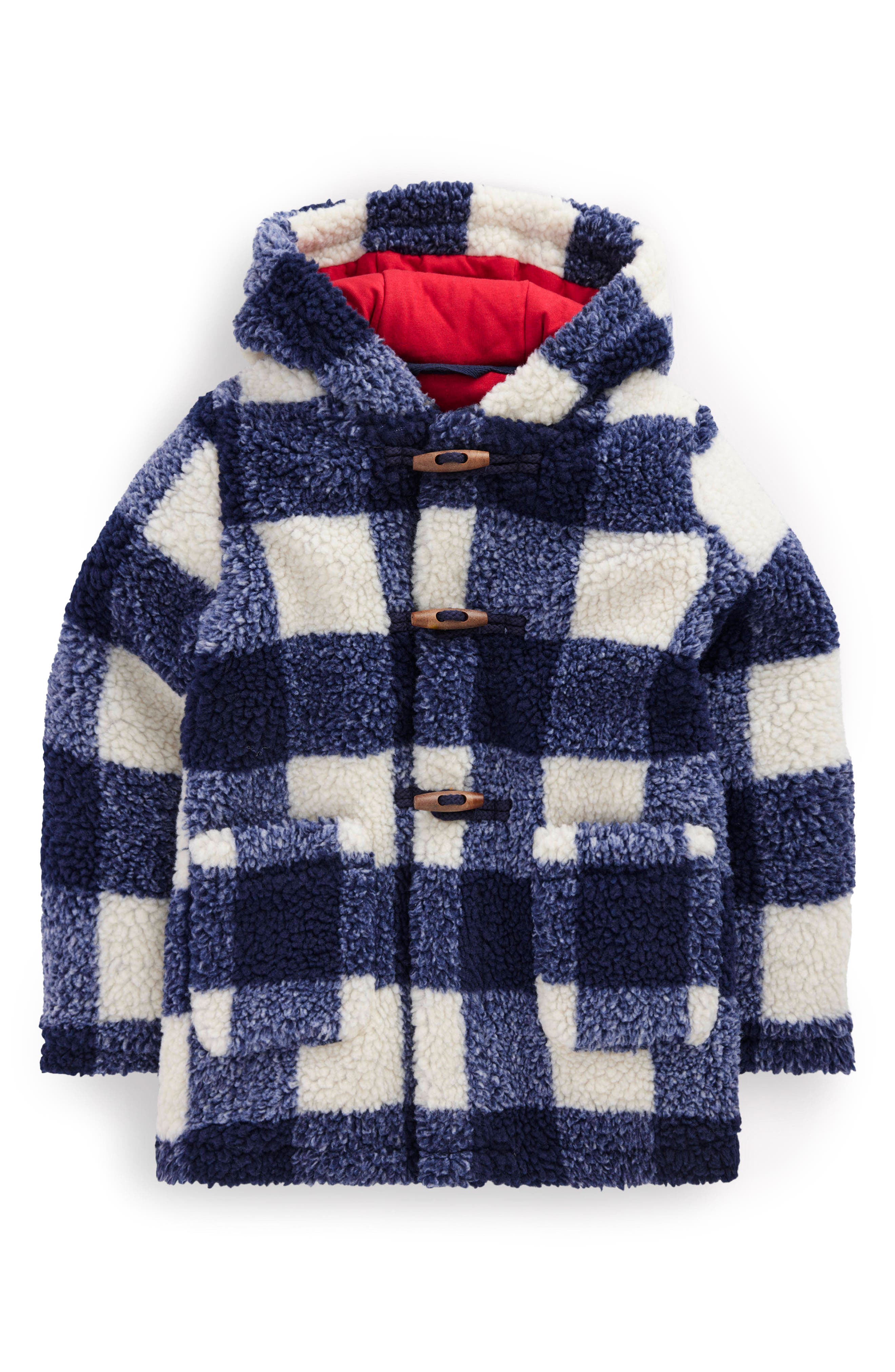 Mini Boden Kids' Check Fleece Hooded Duffle Coat