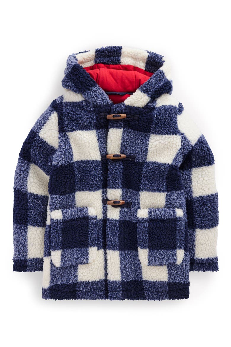 Kids' Check Fleece Hooded Duffle Coat, Main, color, NAVY GINGHAM