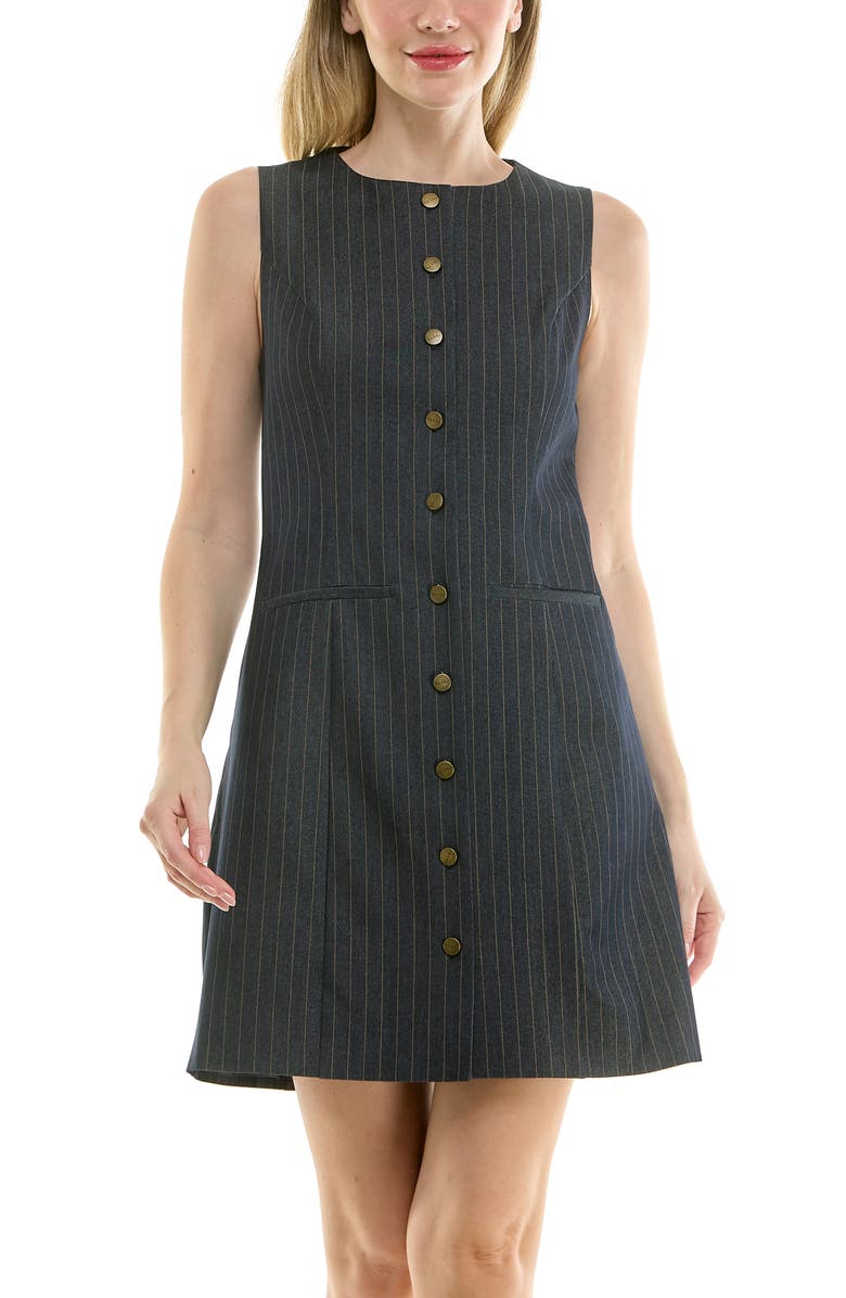 Nicole Miller Pinstripe Sleeveless Shift Dress, Alternate, color, Vintage Blue / Khaki