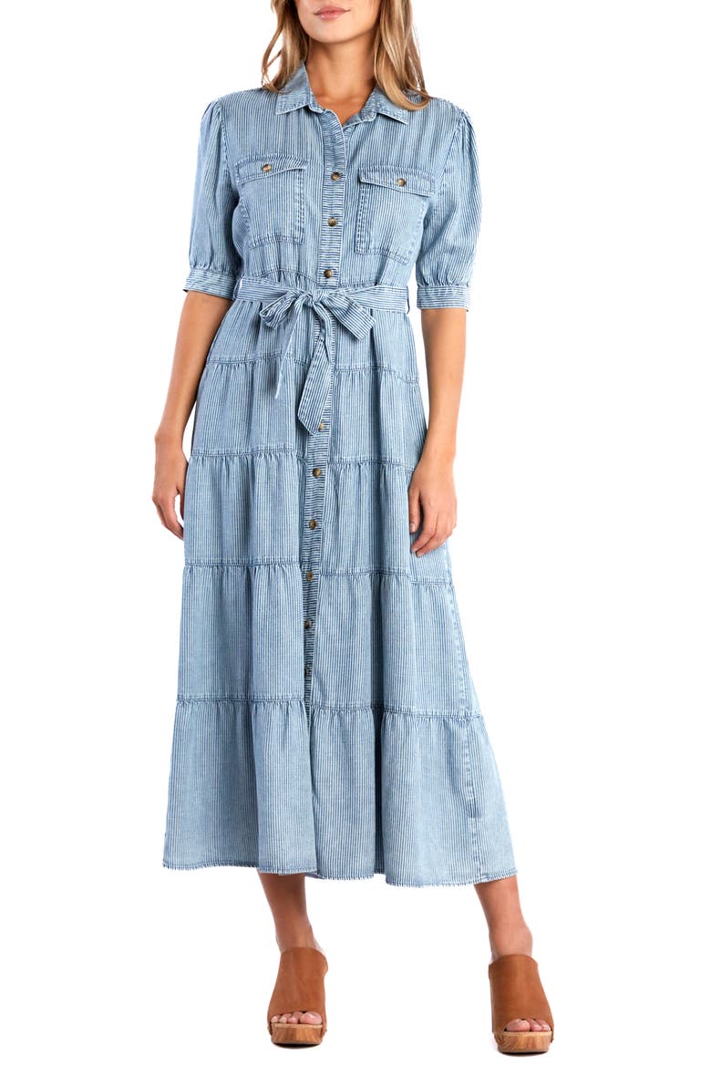 Lyla Plaid Tiered Shirtdress, Main, color, INDIGO STRIPE