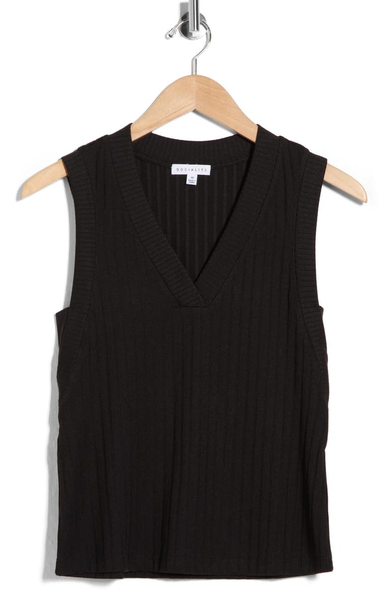 Socialite V-Neck Ribbed Knit Tank, Main, color, Black