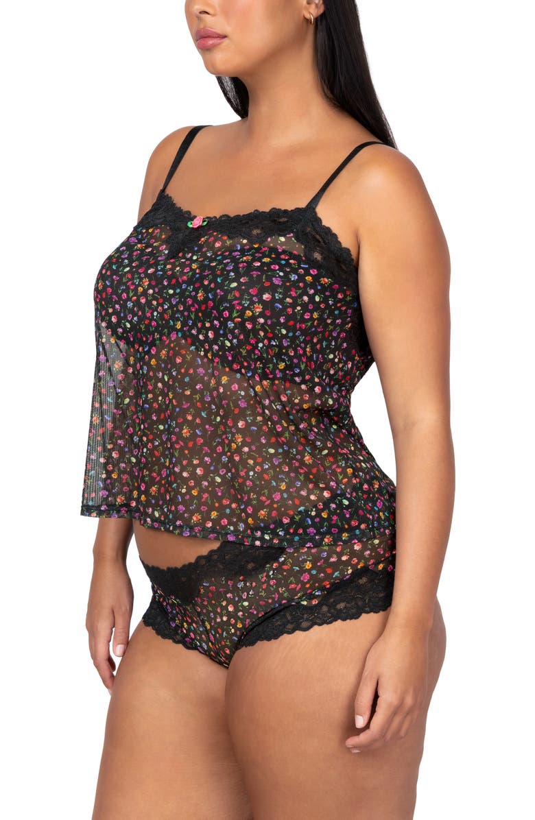 Curvy Couture Floral Sheer Lace Trim Camisole & Boyshorts Set, Alternate, color, Meadow Dream