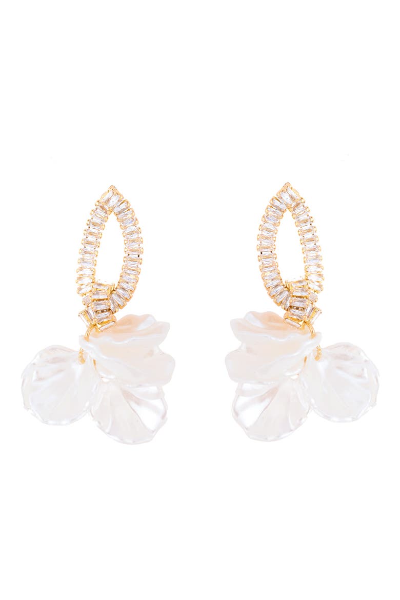 Cubic Zirconia & Pearly Disc Drop Earrings, Main, color, GOLD