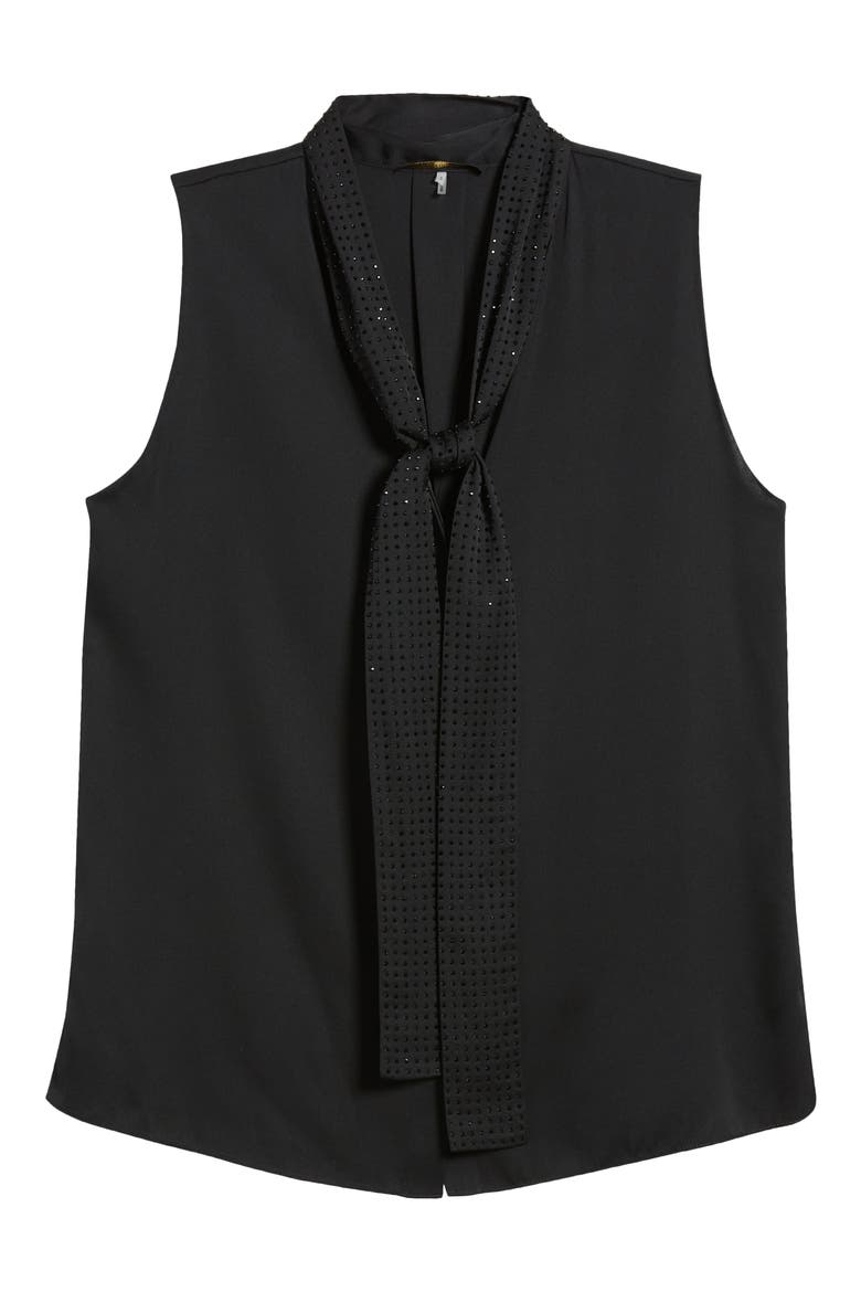 Evelyn Sequin Tie Neck Sleeveless Silk Blend Button-Up Top, Alternate, color, BLACK