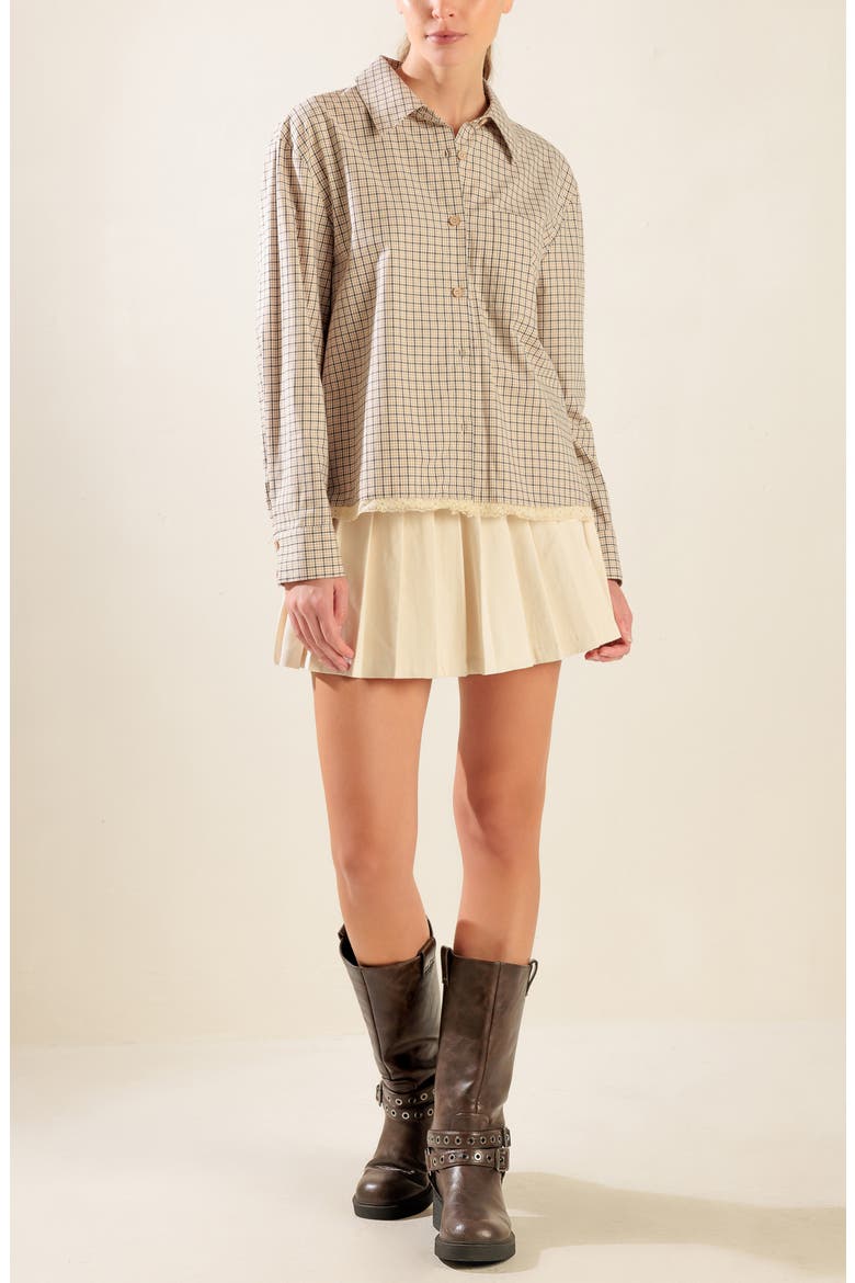 Plaid Cotton Shirt with Lace Trim, Alternate, color, TAUPE