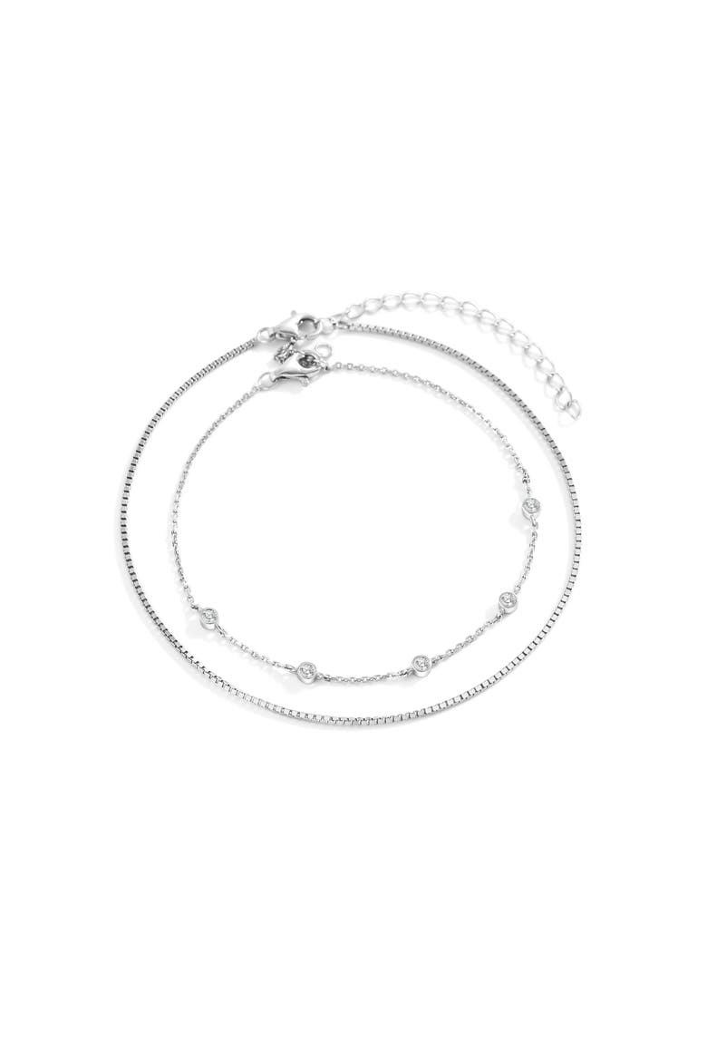 Bezel Set Diamond Bracelet and Box Chain Bracelet Stacking Set, Main, color, Silver