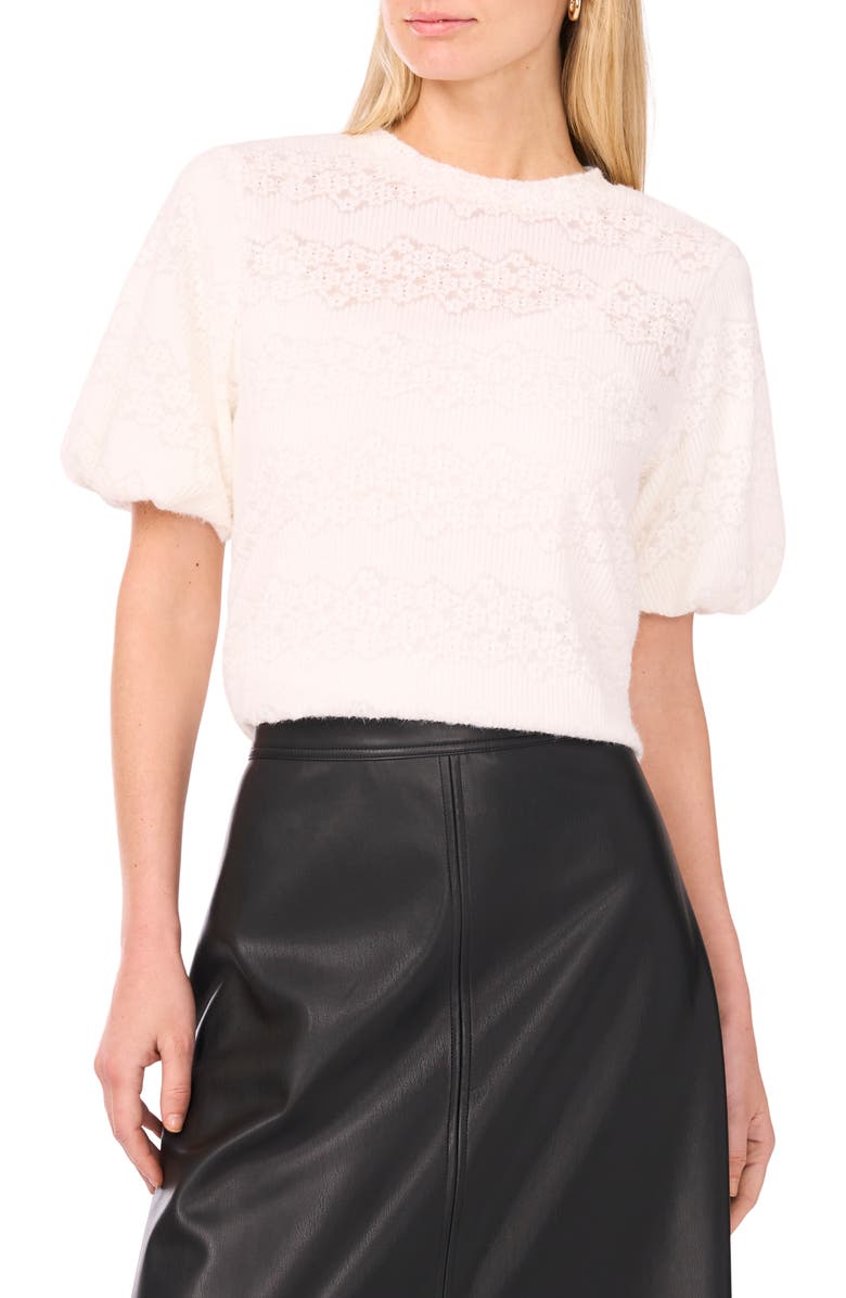 Vince Camuto Floral Detail Puff Sleeve Sweater, Main, color, New Ivory