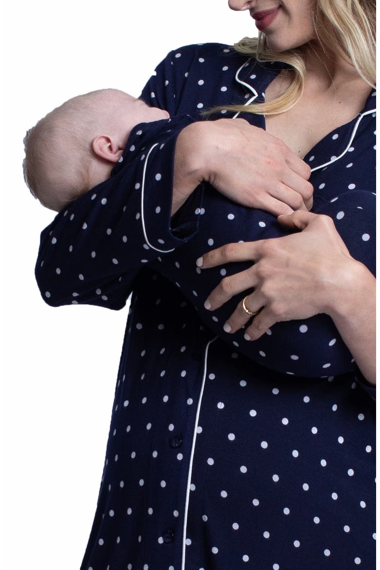 Polka Dot Maternity/Nursing Nightshirt & Baby Wrap Set, Alternate, color, NAVY/ SPOTS