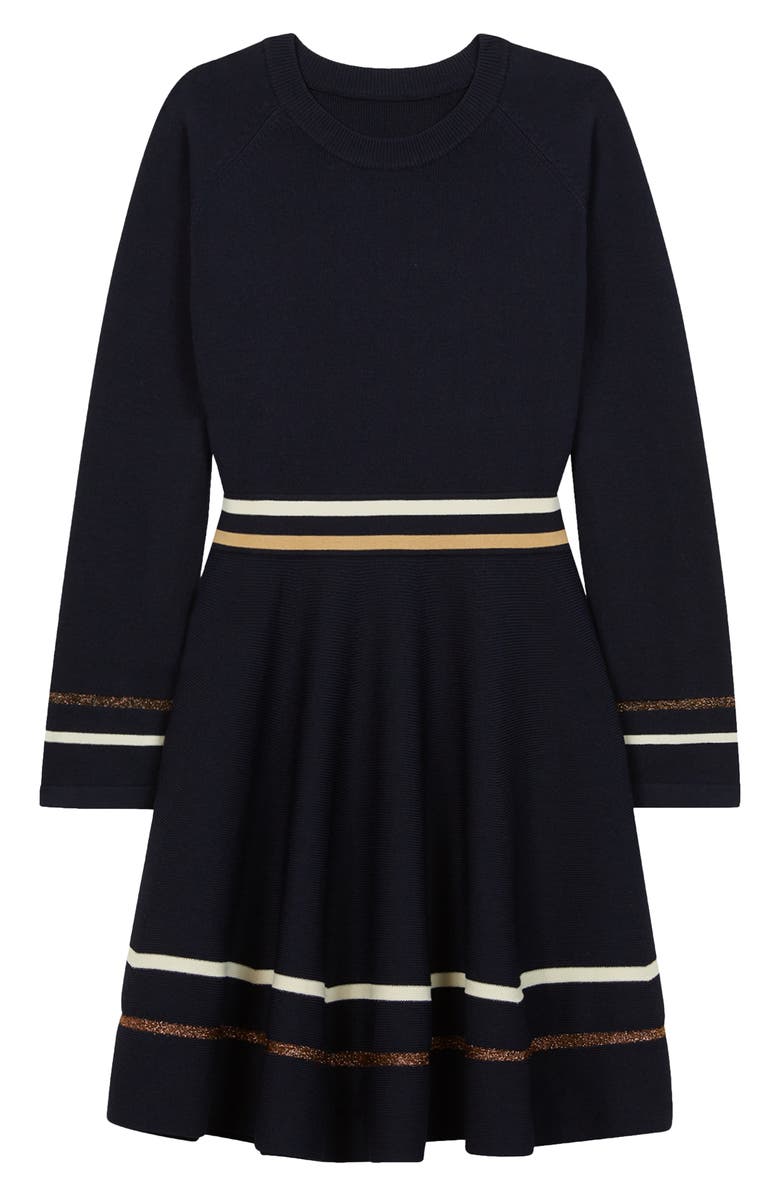 Reiss Kids' Edith Metallic Stripe Long Sleeve Sweater Dress, Main, color, Navy