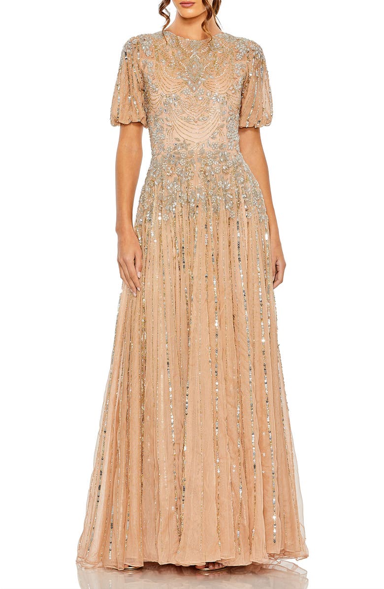 Mac Duggal High Neck Puff Sleeve Embellished A Line Gown, Main, color, Taupe