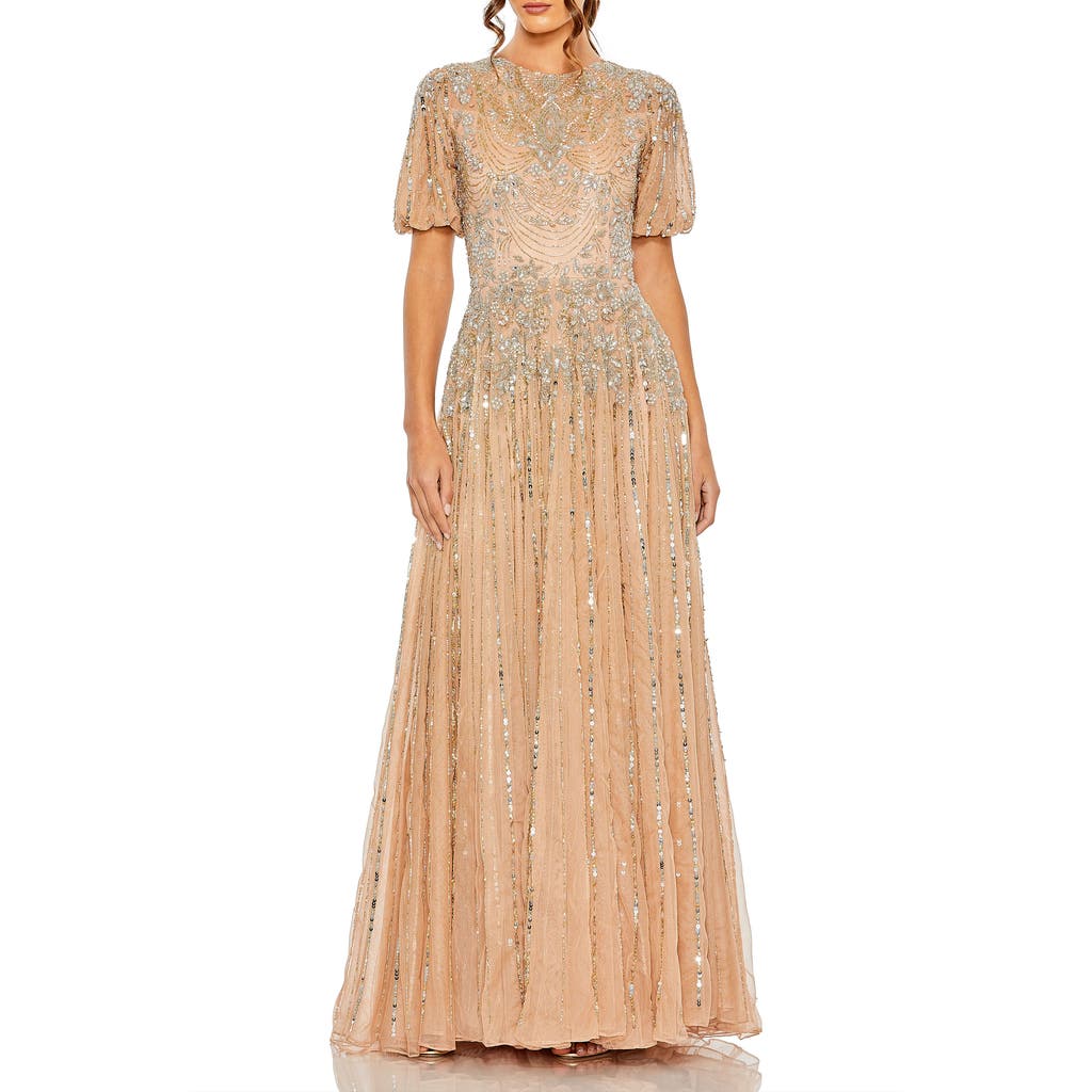 Mac Duggal High Neck Puff Sleeve Embellished A Line Gown In Taupe