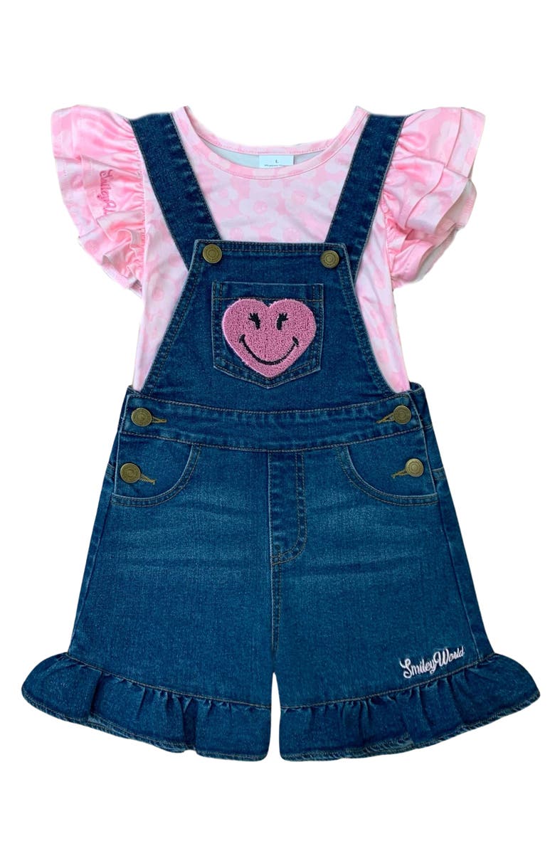 Mia Belle Girls Girls SmileyWorld  Happy Heart Denim Shortall Set, Main, color, Pink