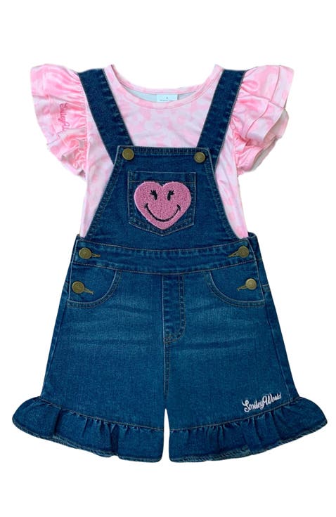 Girls SmileyWorld  Happy Heart Denim Shortall Set (Toddler, Little Kid & Big Kid)