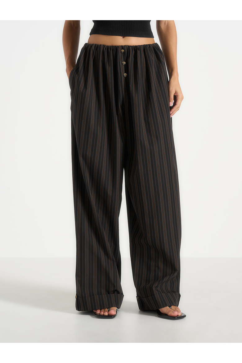 Ivanna Elasticated Wide Leg Striped Cotton Pants, Alternate, color, Black/Brown