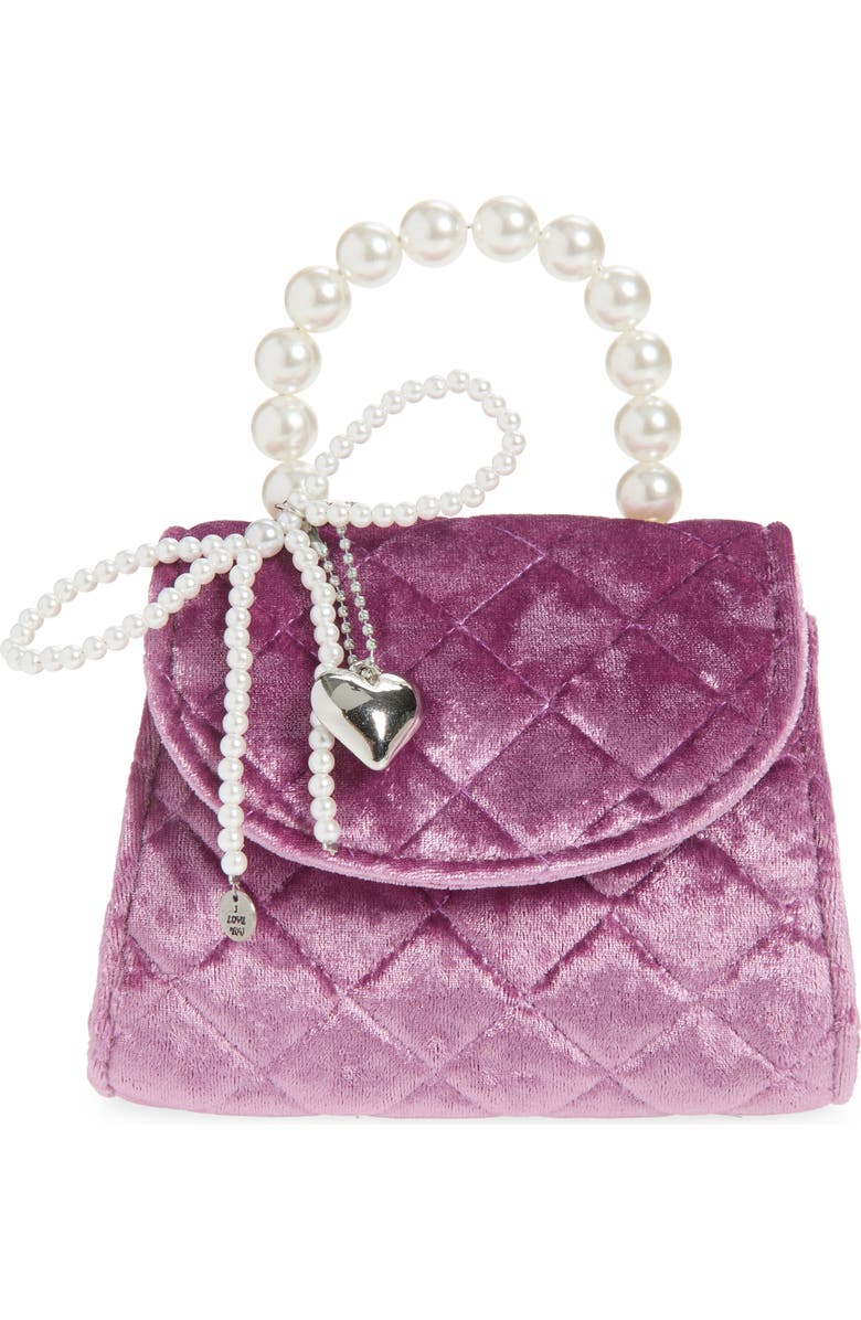 Piper & Jax Kids' Faux Pearl Bow Quilted Velvet Handbag, Main, color, Purple