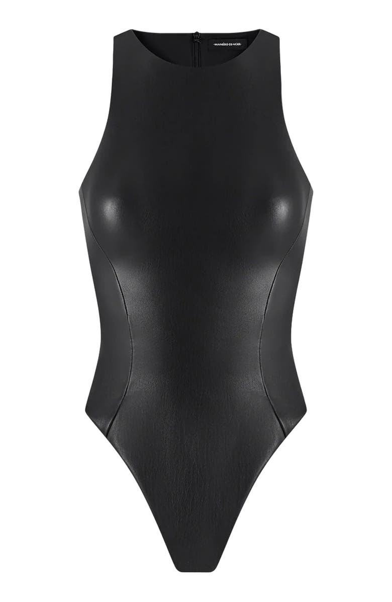 Manière De Voir Josie Leather Racer Neck Bodysuit, Alternate, color,