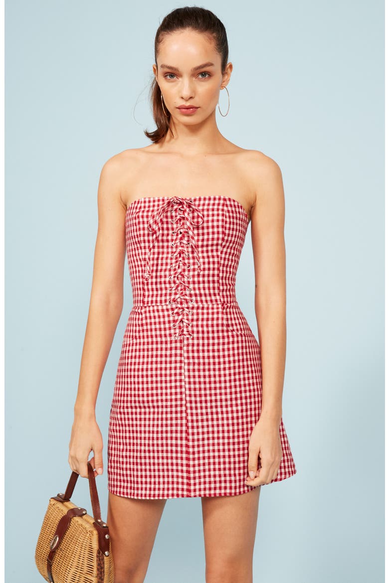 Sid Strapless Linen Minidress, Alternate, color, MAY CHECK
