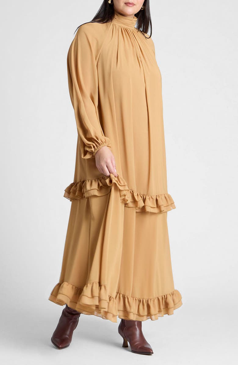 ELOQUII Ruffle Detail Long Sleeve Maxi Dress, Main, color, 