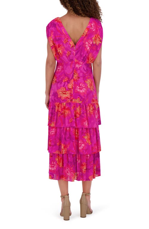 Kensie Floral Cap Sleeve Burnout Chiffon Tiered Maxi Dress In Fuschia Mu