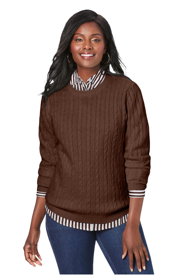 Cable Crewneck Sweater (plus), Main, color, RICH BROWN