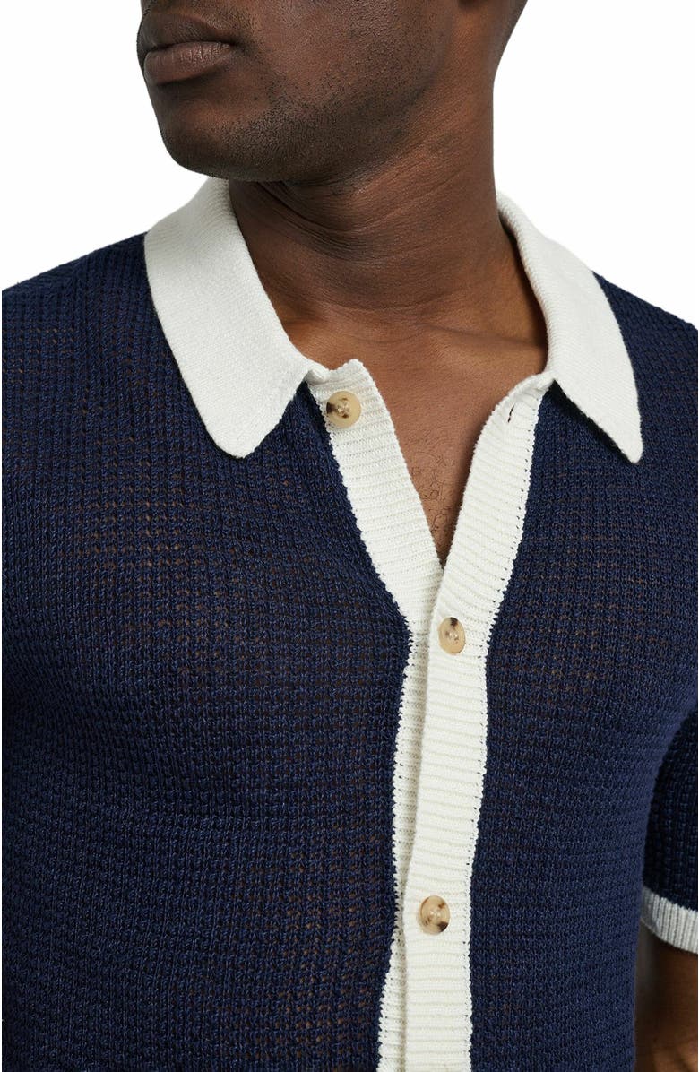 Onia Linen Short Sleeve Button Up Sweater, Alternate, color, Deep Navy/White