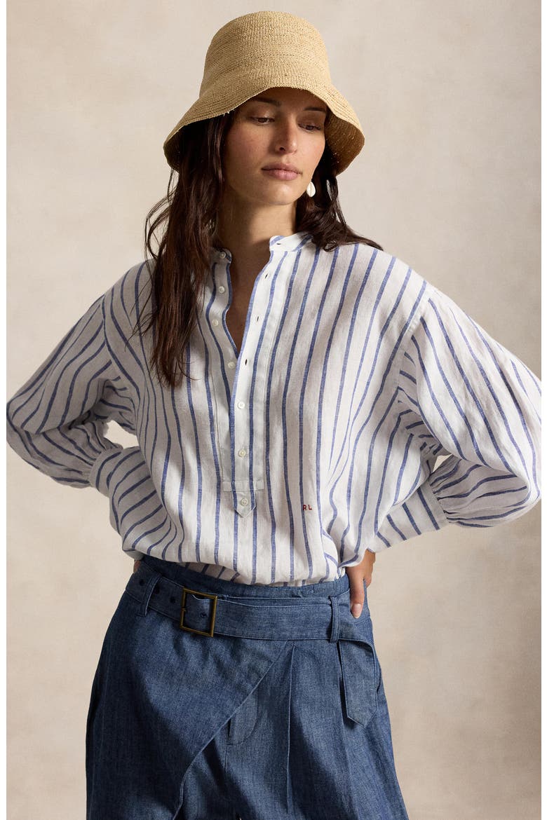 Stripe Long Sleeve Linen Shirt, Alternate, color, WHITE-ROYAL