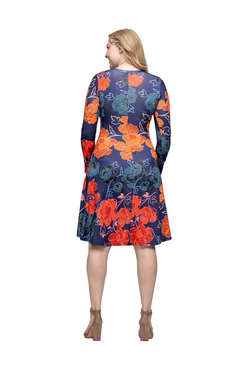 Floral Print Long Sleeve Knee Length Dress, Alternate, color, Navy Multi