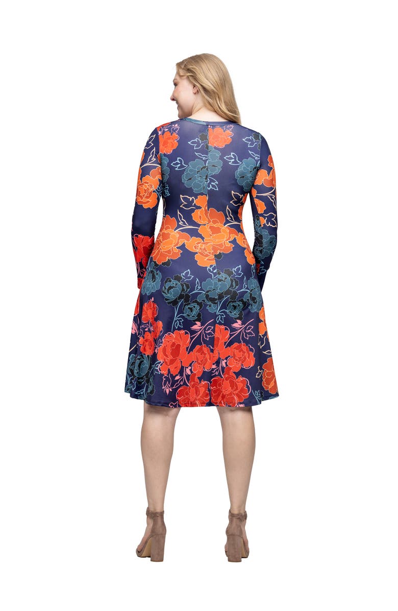 24seven Comfort Apparel Floral Print Long Sleeve Knee Length Dress, Alternate, color, Navy Multi