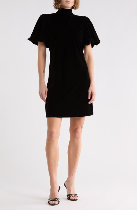 Mock Neck Puff Sleeve Velvet Dress