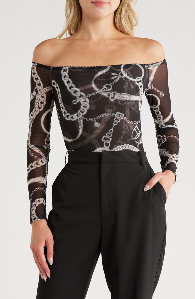 L'AGENCE Peonie Chain Off the Shoulder Mesh Bodysuit, Main, color,