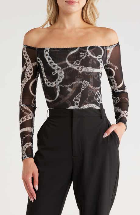 L'AGENCE Peonie Chain Off the Shoulder Mesh Bodysuit