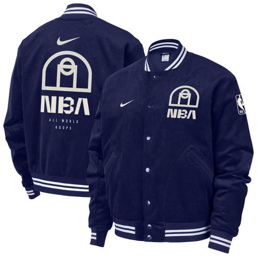 Nike Blue Nba All World Hoops Team 31 Trend Corduroy Full-snap Bomber Jacket In Blue
