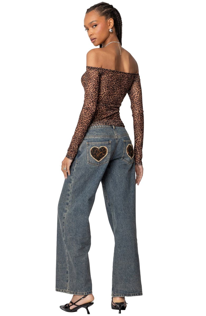 EDIKTED Leopard Print Sheer Mesh Off the Shoulder Top, Alternate, color, Leopard