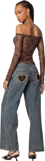 Leopard Print Sheer Mesh Off the Shoulder Top