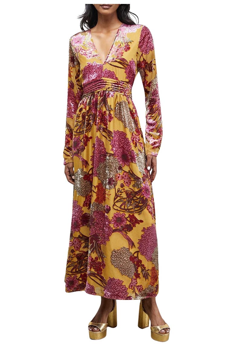 Warehouse Plunge Neck Waisted Long Sleeve Dress, Alternate, color, Ochre