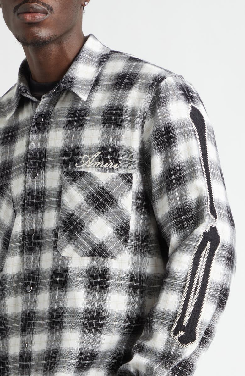 AMIRI Bones Appliqué Flannel Overshirt, Alternate, color, Black