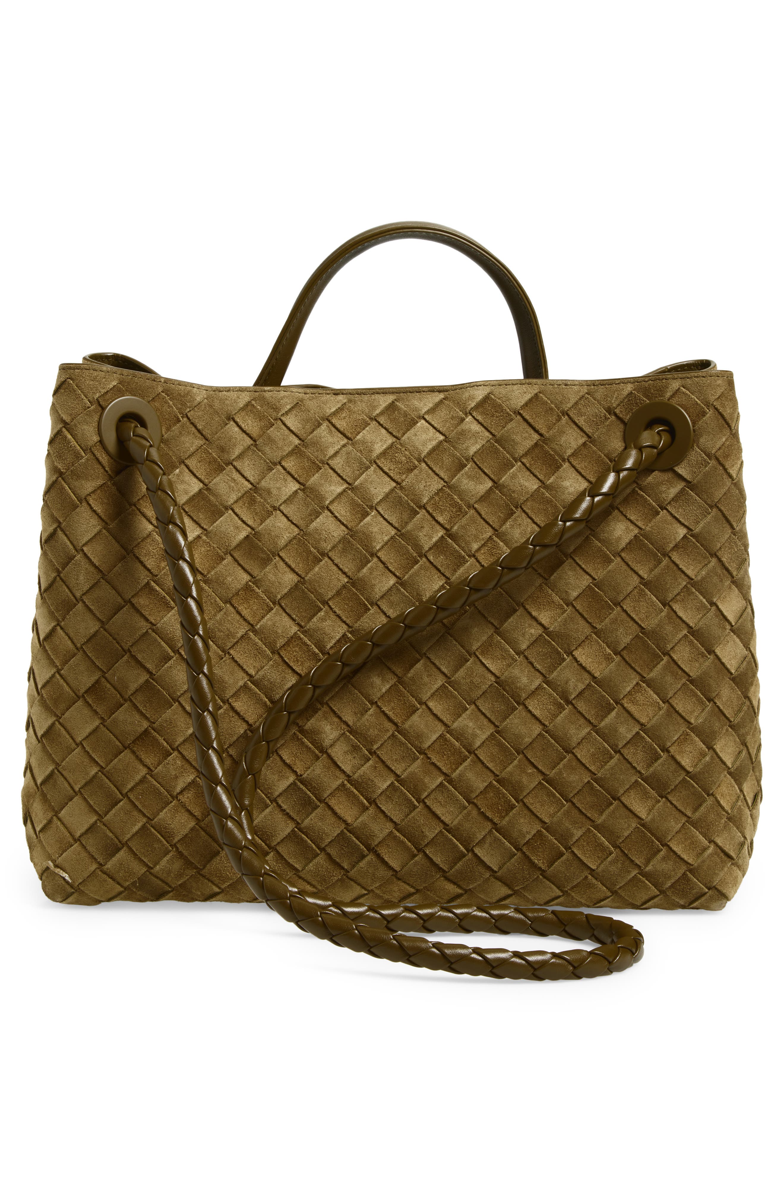 Bottega Veneta Medium Andiamo Intrecciato Suede Shoulder Bag, Alternate, color, Mud