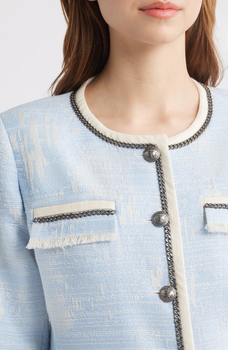 KOBI HALPERIN Fringe Trim Tweed Jacket, Alternate, color, Sky