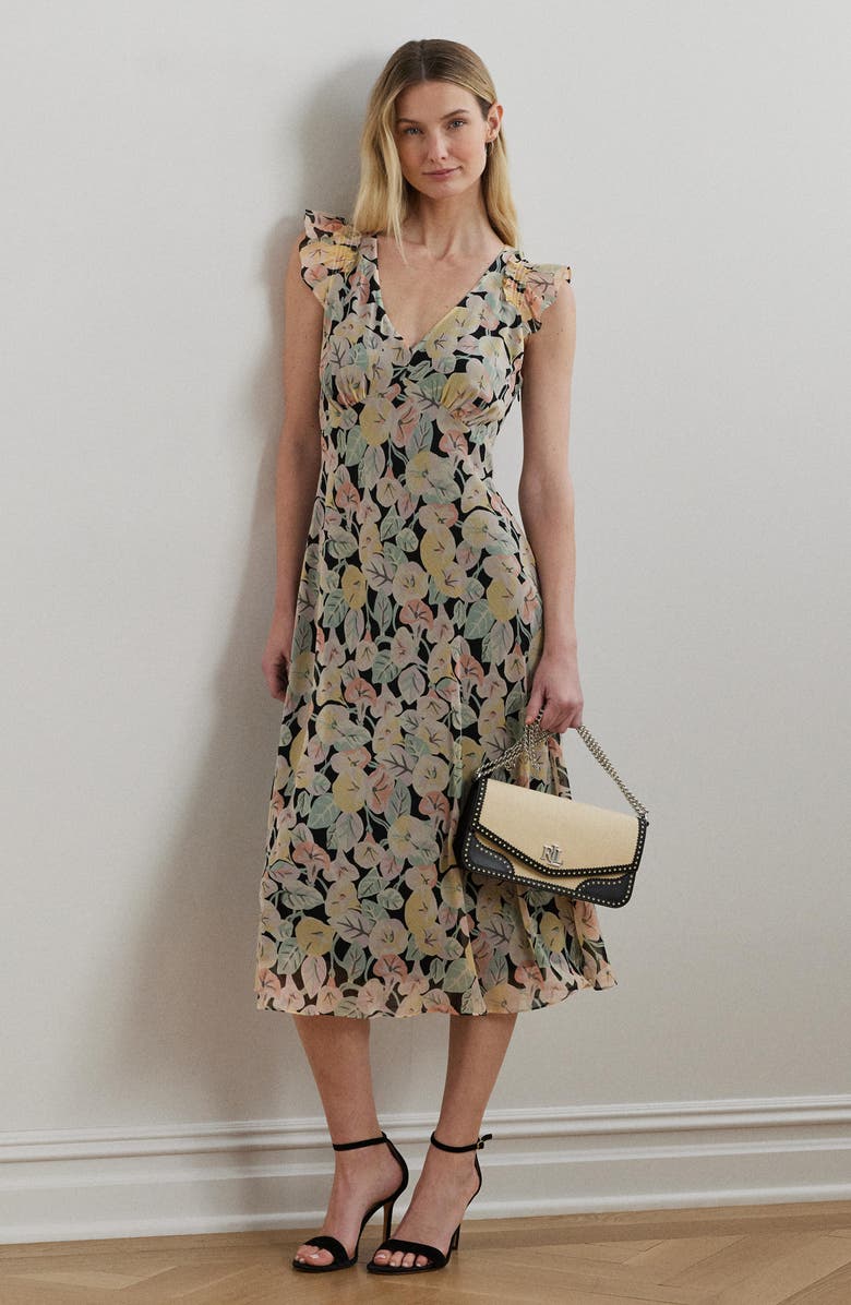 Floral Print Ruffle Trim Midi Dress