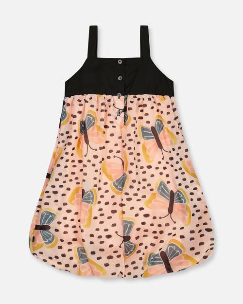 Deux Par Deux Little Girl's Printed Bubble Dress Black And Pink Butterflies In Black And Pink Butterflies