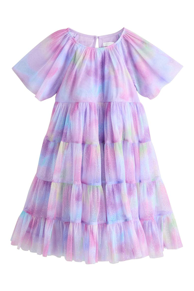 Kids' Glitter Ombré Flutter Sleeve Tiered Mesh Dress, Main, color, METAL