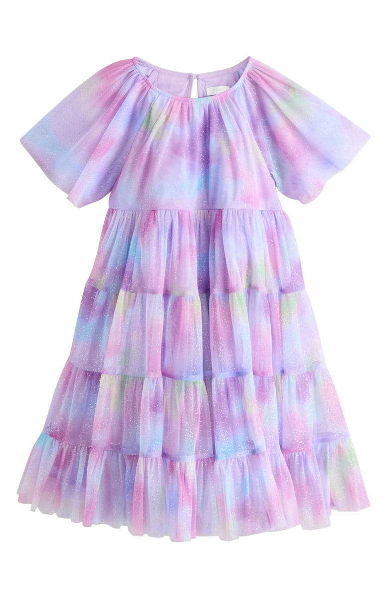 NEXT Kids' Glitter Ombré Flutter Sleeve Tiered Mesh Dress, Main, color, Metal