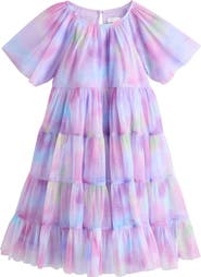 NEXT Kids' Glitter Ombré Flutter Sleeve Tiered Mesh Dress