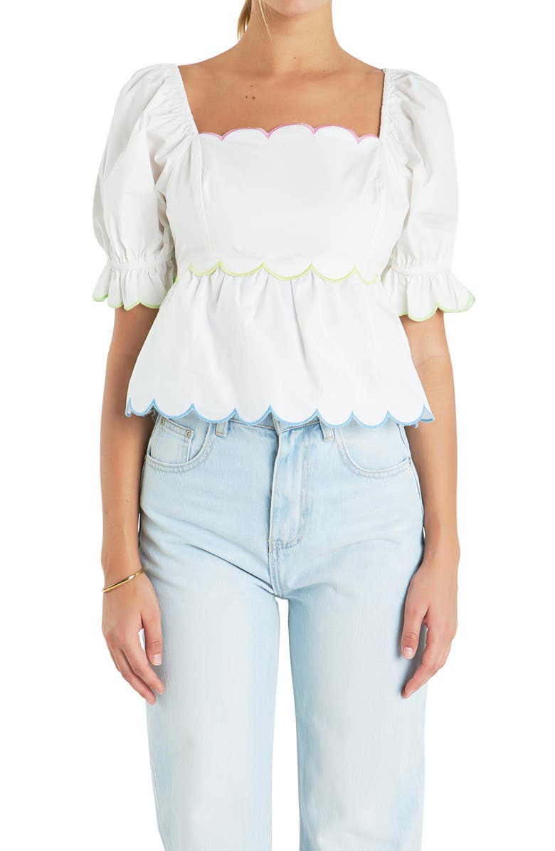 English Factory Scallop Cotton Peplum Top, Alternate, color, White