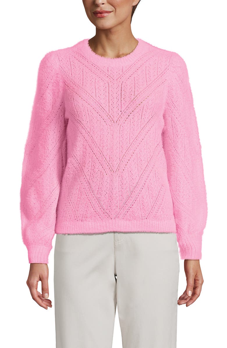Lands
 End Eyelash Fuzzy Pointelle Puff Sleeve Sweater, Main, color, Seaside Pink