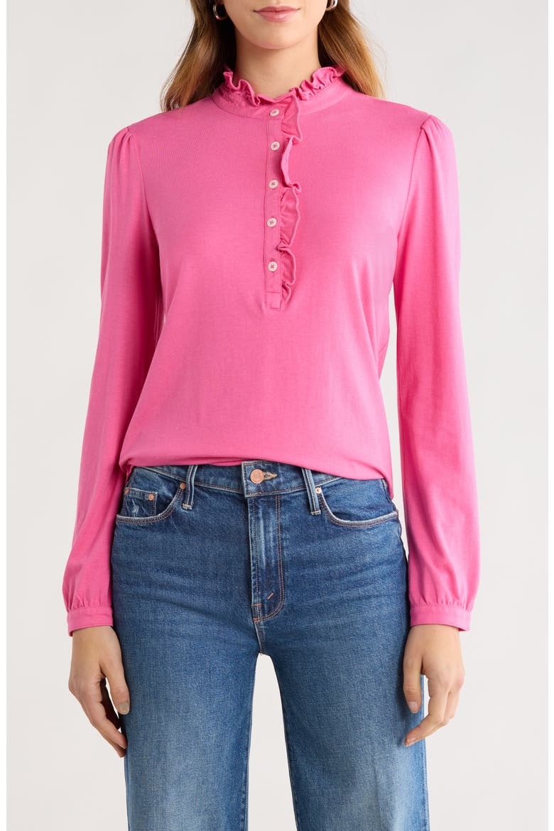 Ruffle Detail Henley Shirt, Main, color, PINK FIZZ